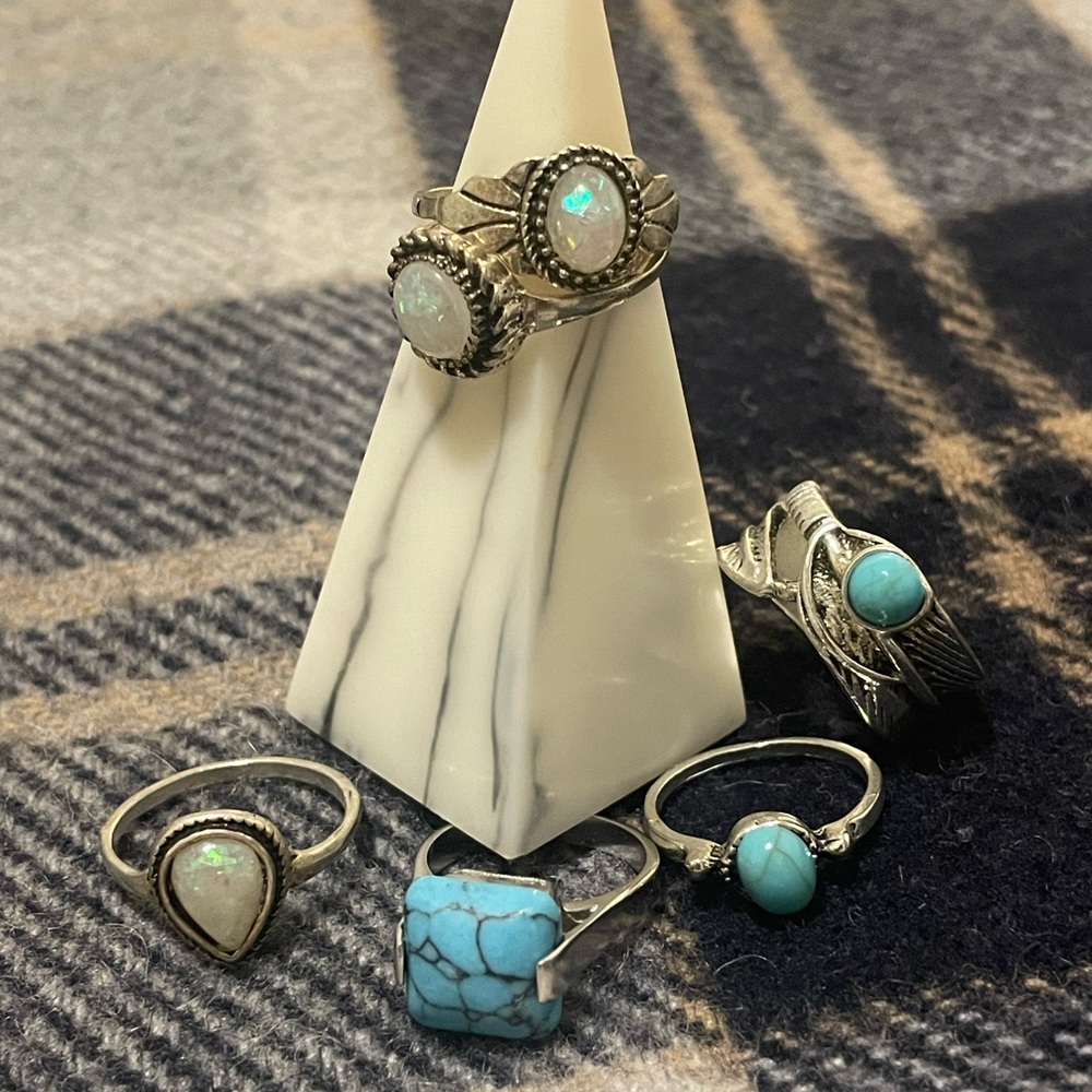 Silver and turquoise, silver and opal fashion rings